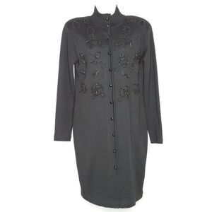Vtg Button Down Beaded Wool Blend Sweater Dress M Floral Leaf Button Front Black
